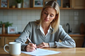 Femme remplissant une attestation de domicile dans la cuisine
