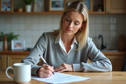Femme remplissant une attestation de domicile dans la cuisine