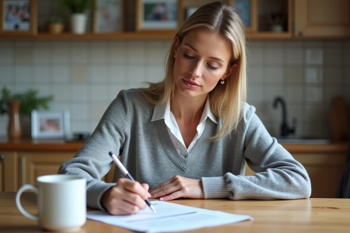Femme remplissant une attestation de domicile dans la cuisine