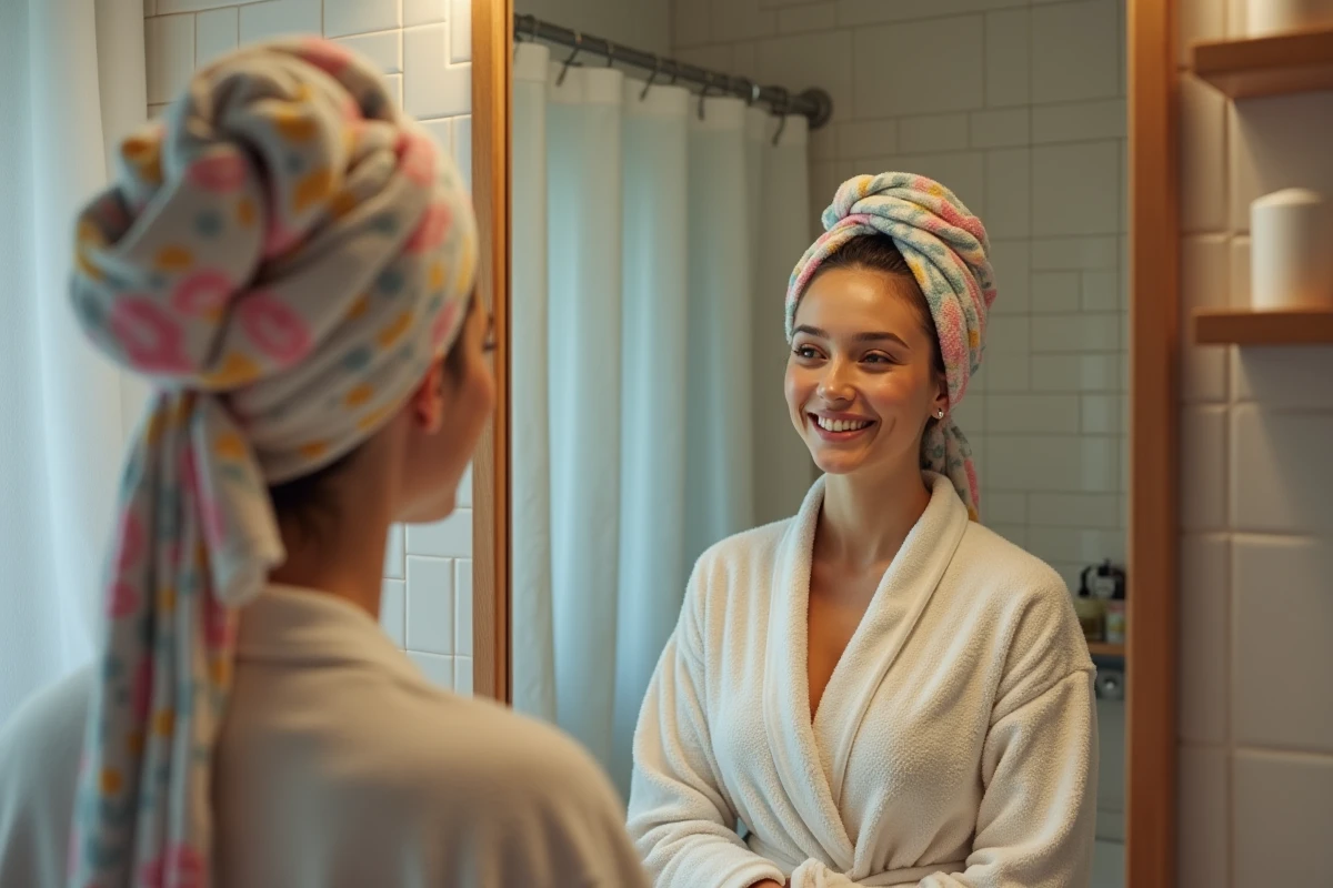 Jeune femme se rinçant dans une douche à la maison