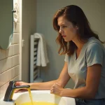 Femme regardant l'eau jaune couler dans un lavabo de salle de bain