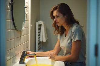 Femme regardant l'eau jaune couler dans un lavabo de salle de bain