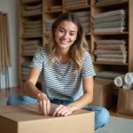 Jeune femme souriante en train de scotcher une boxe de déménagement