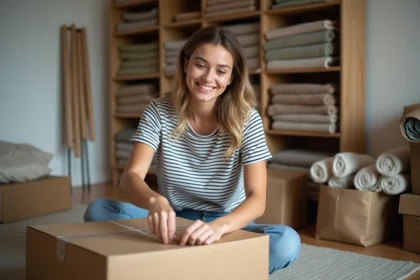 Jeune femme souriante en train de scotcher une boxe de déménagement