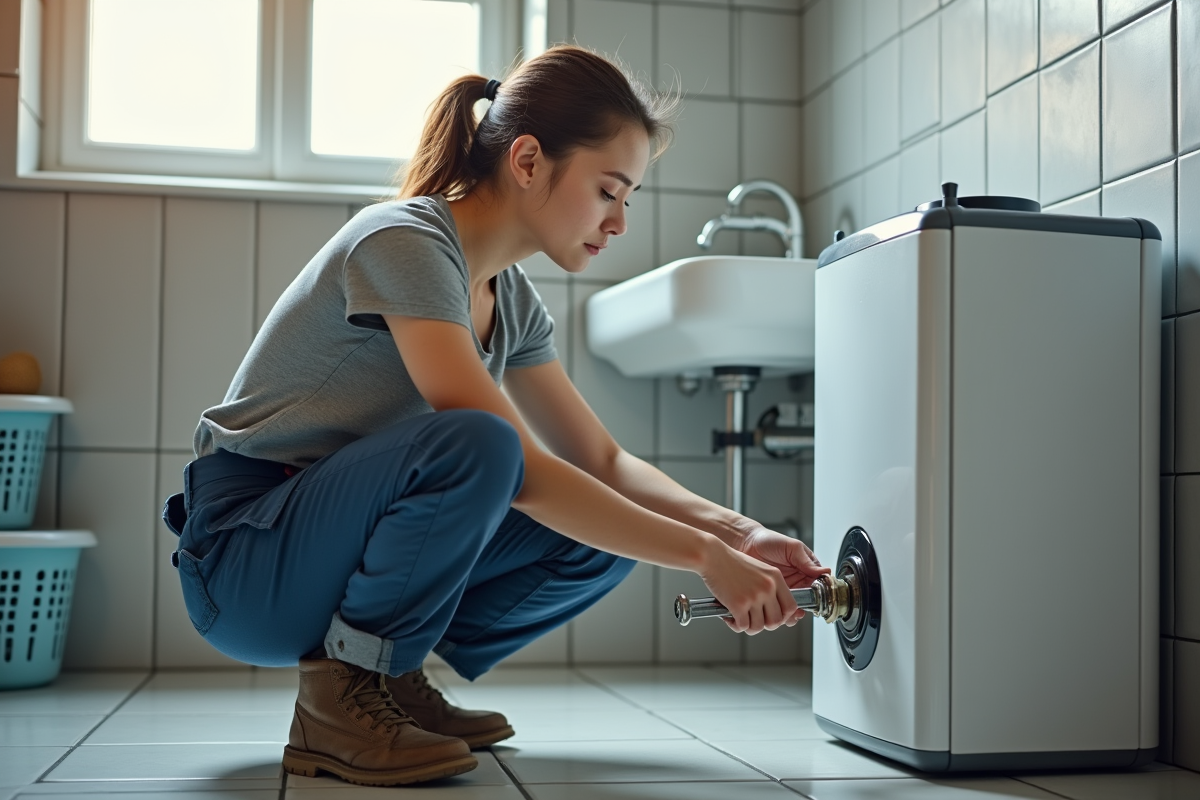 Jeune femme serre la vanne de vidange d