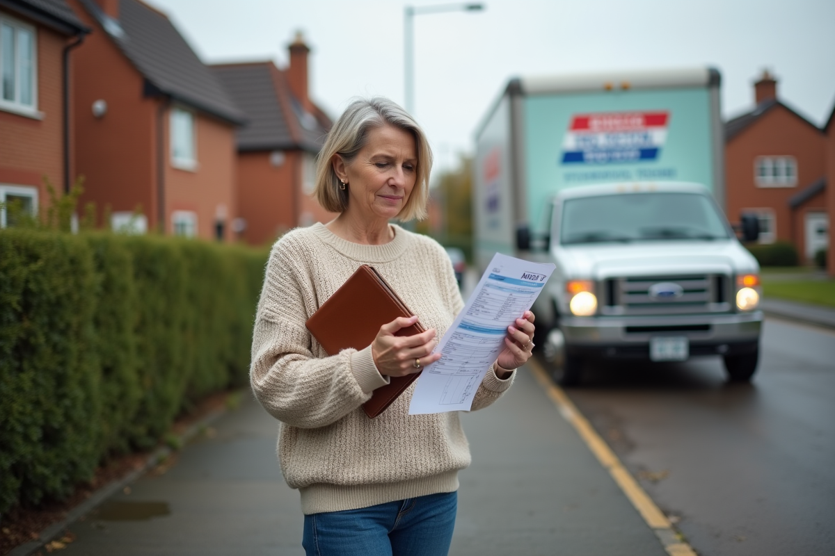 Femme regardant un devis de déménagement dans la rue