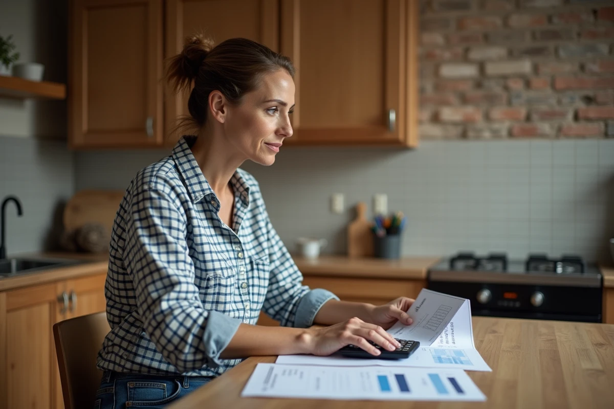 Femme examinant un devis pour la pose de carrelage dans la cuisine