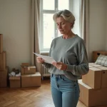 Femme évaluant les objets à évacuer lors d'un débarras maison avec des cartons et meubles empilés en arrière-plan