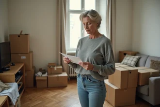 Femme évaluant les objets à évacuer lors d'un débarras maison avec des cartons et meubles empilés en arrière-plan