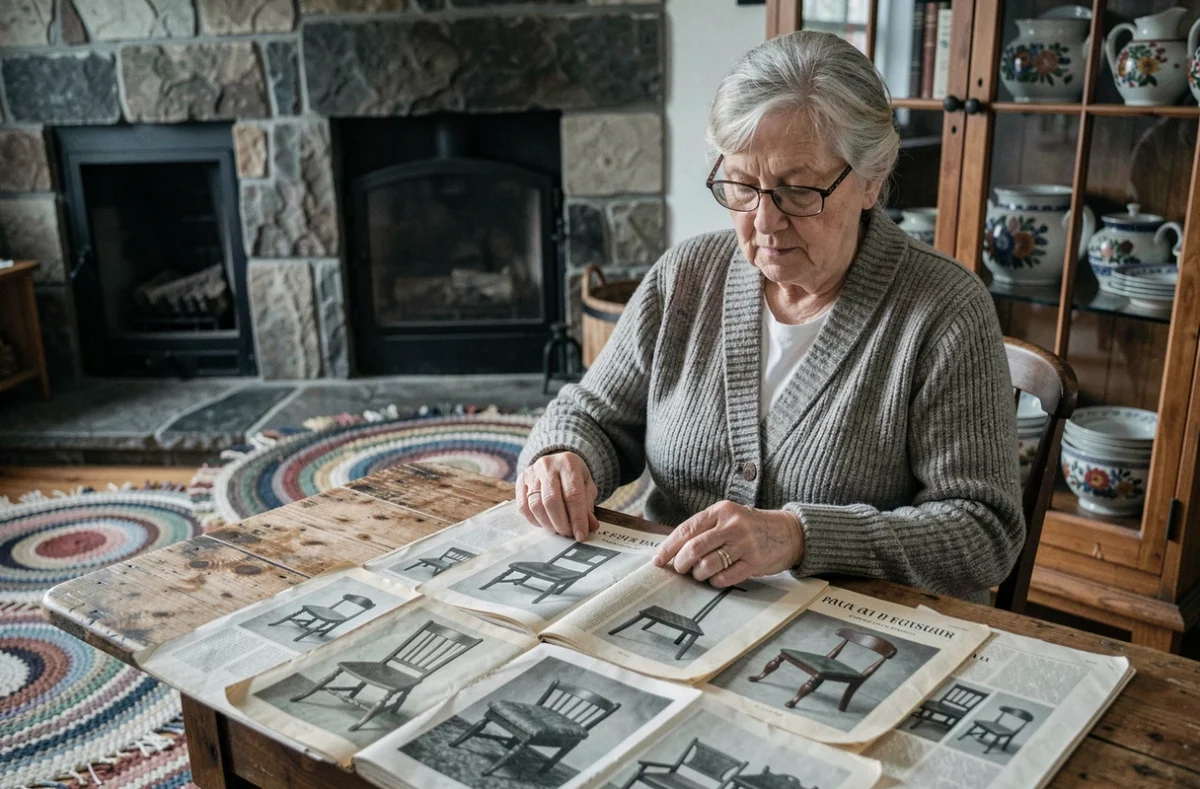 Femme âgée québécoise consultant d'anciens catalogues de meubles artisanaux à une table traditionnelle dans un intérieur patrimonial