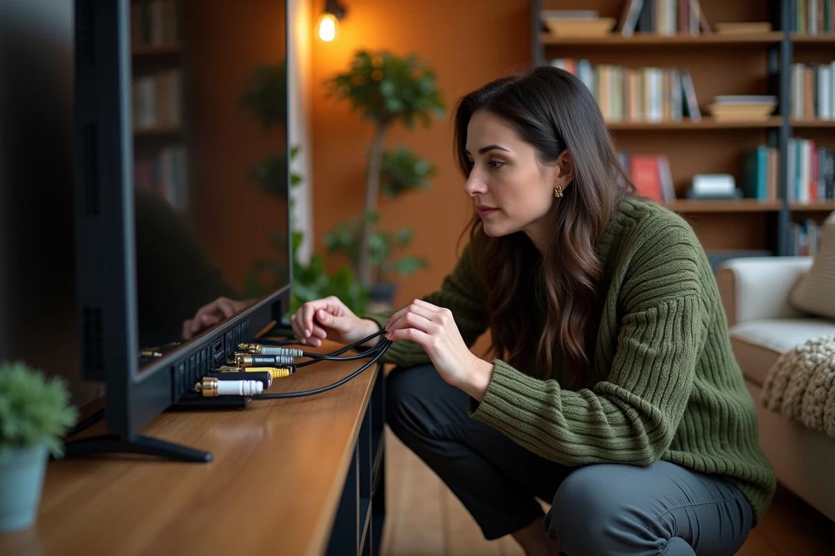 Femme inspectant un câble coaxial derrière un téléviseur dans un appartement cosy