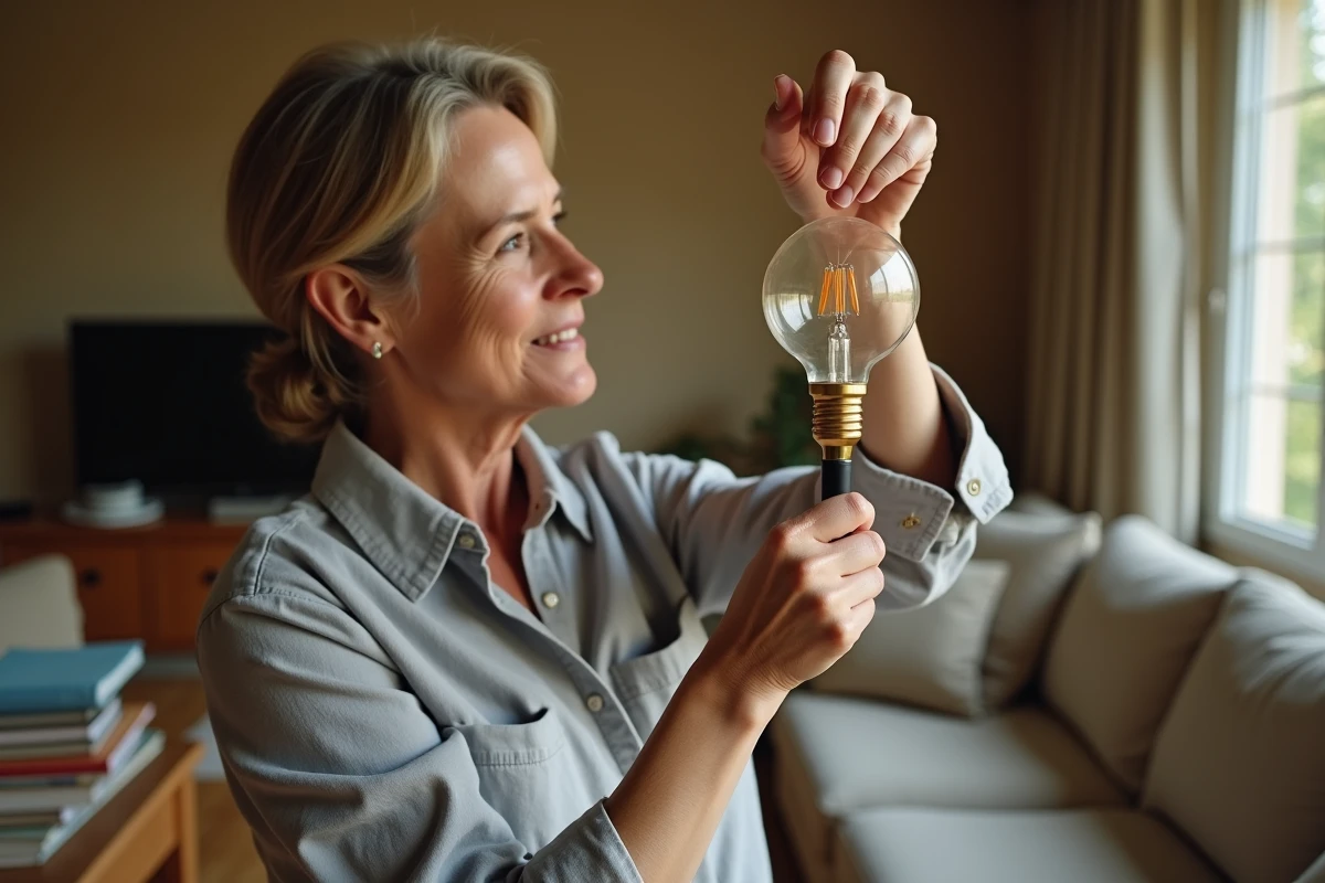 Femme installant une ampoule à petit culot E14 dans une lampe de salon en laiton, dans un intérieur chaleureux aux tons neutres