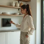 Femme utilisant une interface domotique tactile dans une cuisine moderne au design épuré et naturel