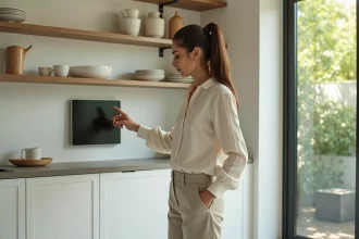 Femme utilisant une interface domotique tactile dans une cuisine moderne au design épuré et naturel