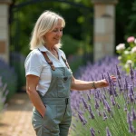 Femme dans un jardin parfumé avec lavande et roses en été