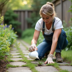Femme en jardin versant du vinaigre sur des mauvaises herbes entre pavés
