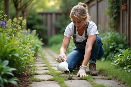 Femme en jardin versant du vinaigre sur des mauvaises herbes entre pavés