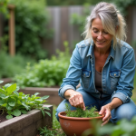 Femme en jardinage avec neem et romarin dans un bol rustique