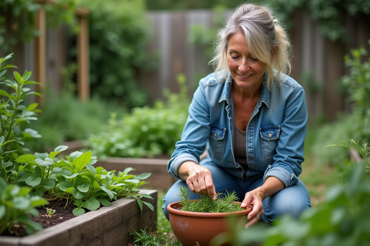 Femme en jardinage avec neem et romarin dans un bol rustique