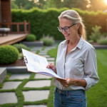 Femme en jardinage tenant un plan dans un jardin