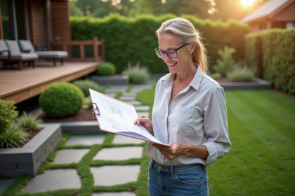Femme en jardinage tenant un plan dans un jardin