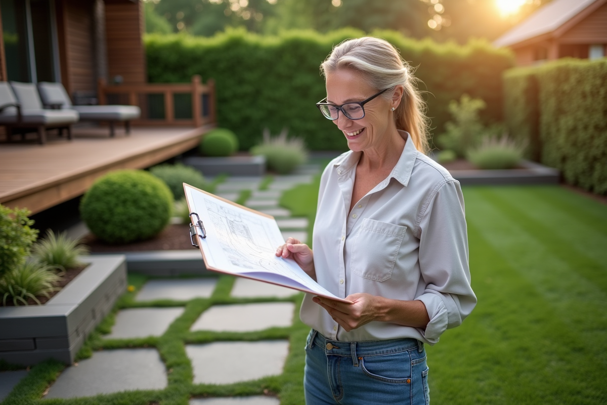 Femme en jardinage tenant un plan dans un jardin