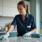 Femme de ménage professionnelle en uniforme nettoyant un plan de travail dans une cuisine moderne d'appartement français