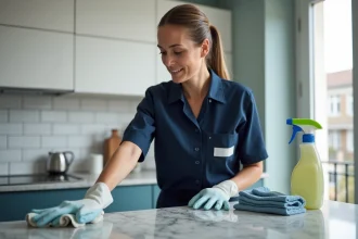 Femme de ménage professionnelle en uniforme nettoyant un plan de travail dans une cuisine moderne d'appartement français