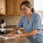 Femme de ménage professionnelle nettoyant un plan de travail dans une cuisine moderne à Dijon