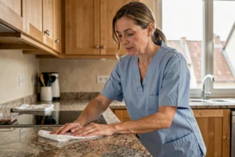 Femme de ménage professionnelle nettoyant un plan de travail dans une cuisine moderne à Dijon