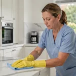 Femme de ménage professionnelle nettoyant un plan de travail dans une cuisine moderne d'une maison du 78