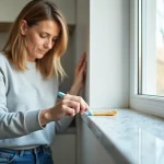 Femme nettoyant un cadre PVC blanc avec spatule dans la cuisine