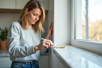 Femme nettoyant un cadre PVC blanc avec spatule dans la cuisine