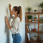 Femme nettoyant un mur peint dans un salon moderne