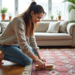 Femme nettoyant un tapis berbère dans un salon lumineux