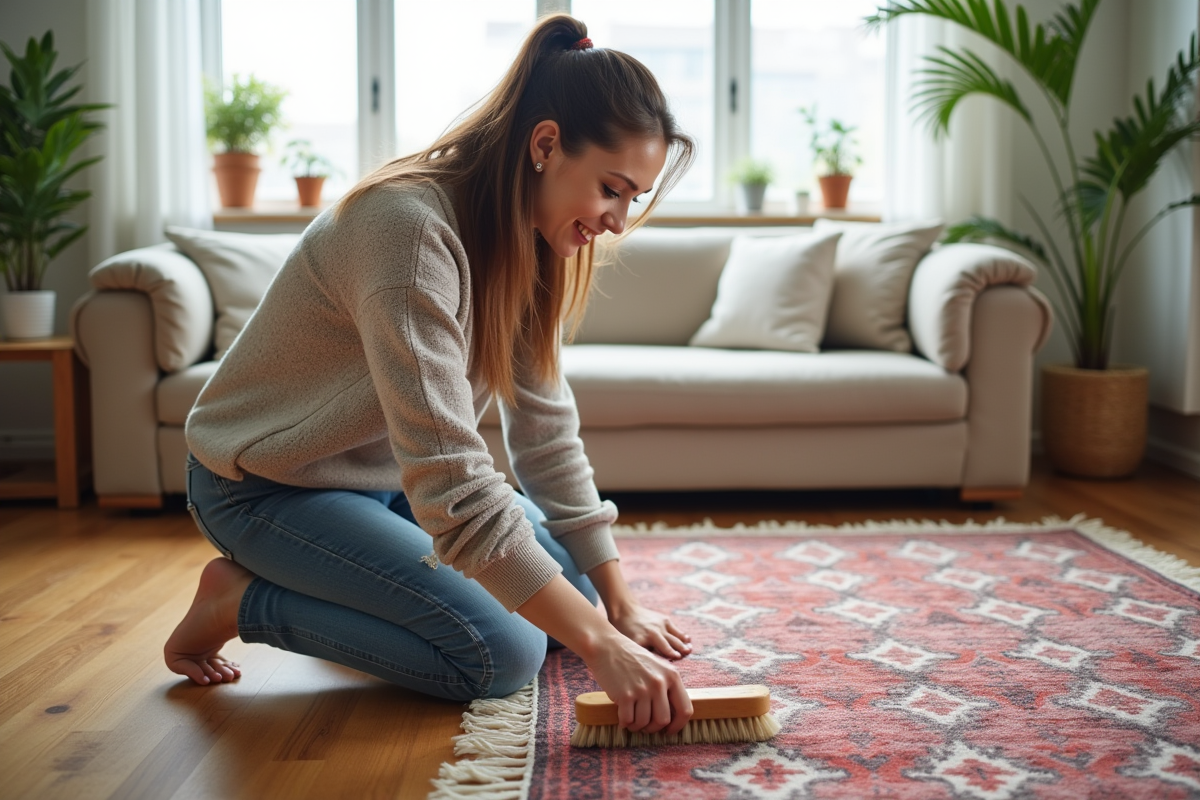 Femme nettoyant un tapis berbère dans un salon lumineux