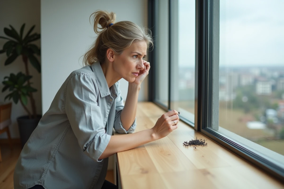Femme examinant des petits insectes noirs apparus dans le coin d'une fenêtre de son appartement moderne