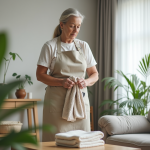 Femme d'âge moyen rangeant un salon lumineux et moderne