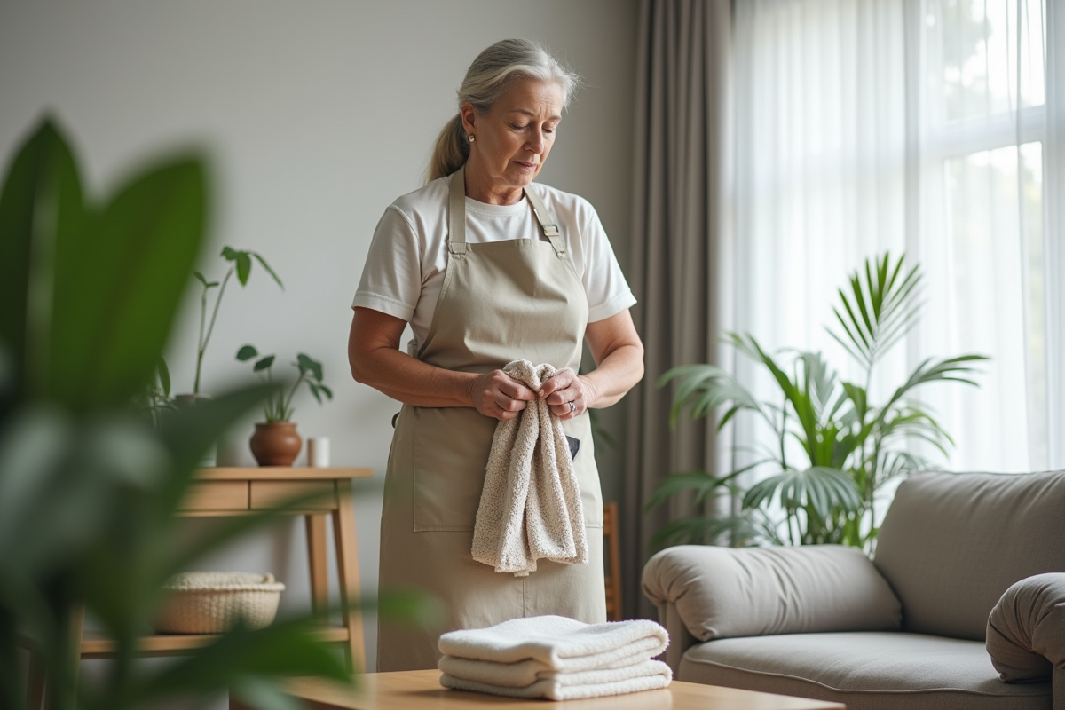 Femme d'âge moyen rangeant un salon lumineux et moderne