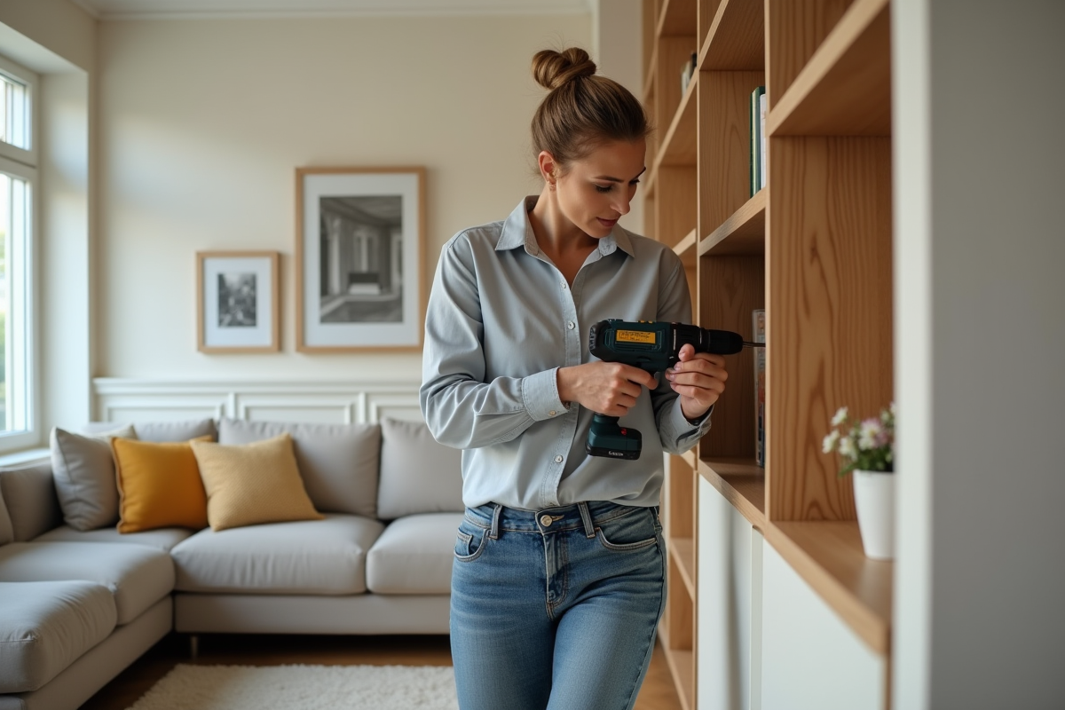 Femme utilisant une perceuse pour fixer une étagère dans un salon