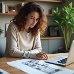 Femme regardant un plan de maison dans un bureau moderne