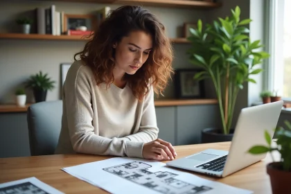 Femme regardant un plan de maison dans un bureau moderne