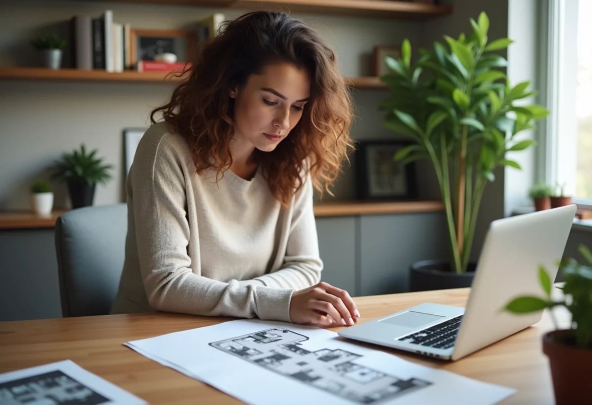 Femme regardant un plan de maison dans un bureau moderne