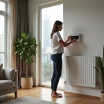 Jeune femme ajustant un radiateur électrique moderne dans un appartement urbain