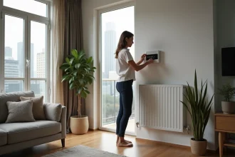 Jeune femme ajustant un radiateur électrique moderne dans un appartement urbain