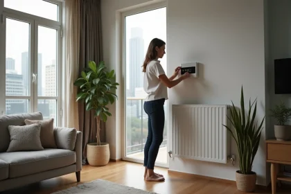 Jeune femme ajustant un radiateur électrique moderne dans un appartement urbain