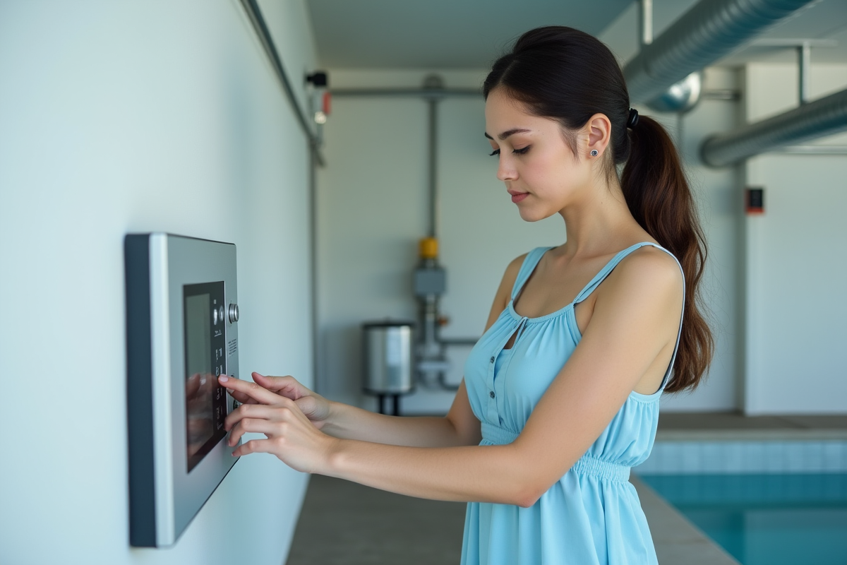 Femme ajustant le panneau de contrôle de la piscine intérieure