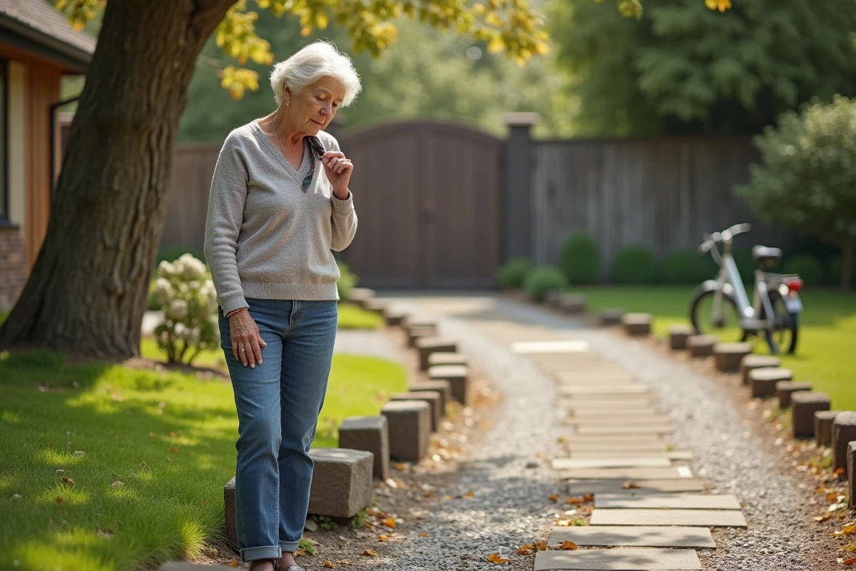 Femme retraitée observant des traverses en bois dans le jardin
