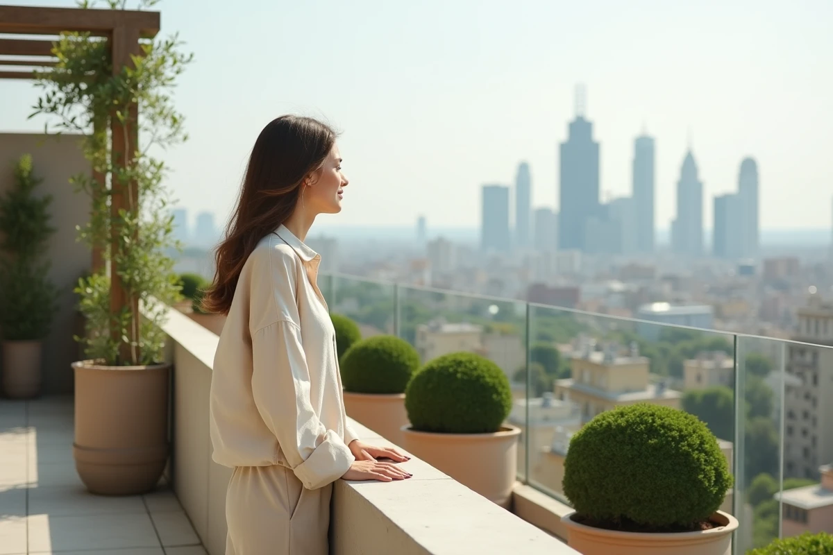 Femme contemplant la vue depuis un rooftop aménagé avec balustrade en béton, pergola végétalisée et arbres en pot