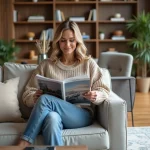 Femme souriante dans un salon moderne et chaleureux